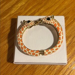 Vintage Kenneth Jay Lane Double Head Orange / white Giraffe hinged cuff bracelet